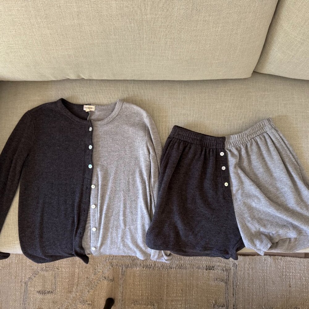 DONNI. Two-Tone Cardigan and Shorts Set in Gray and Black